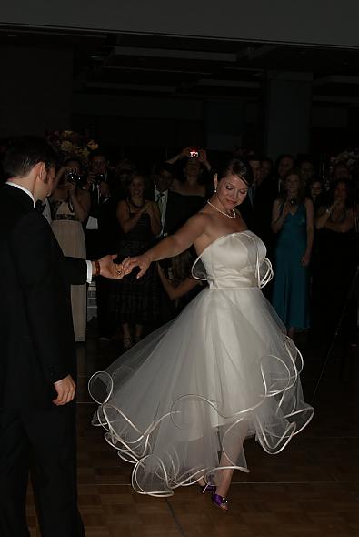 my suzanne ermann wedding dress and purple shoes