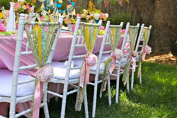 Strips of Fabric Chair Decor from Wedding Bee Delightful Partying