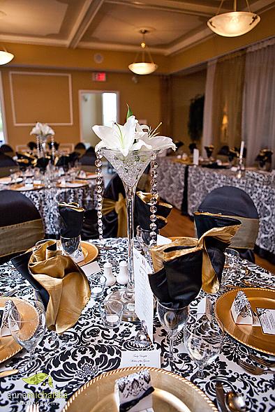 Lillies with Hanging Bling for Damask Decor Themed Wedding