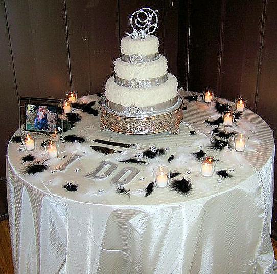 The cake table is covered with white 