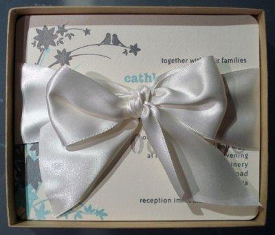 grey teal cream boxed invitation with satin ribbon
