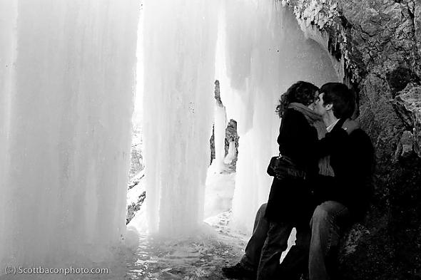 Behind a frozen waterfall