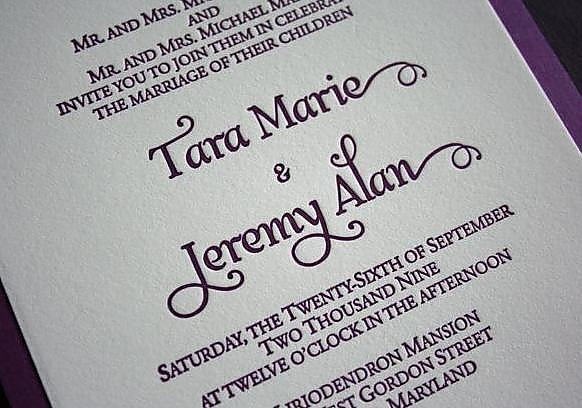 Purple letterpressed invitations