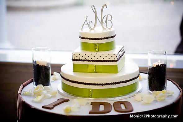 Green Brown Wedding Cake with'I DO' letters and monogram cake topper