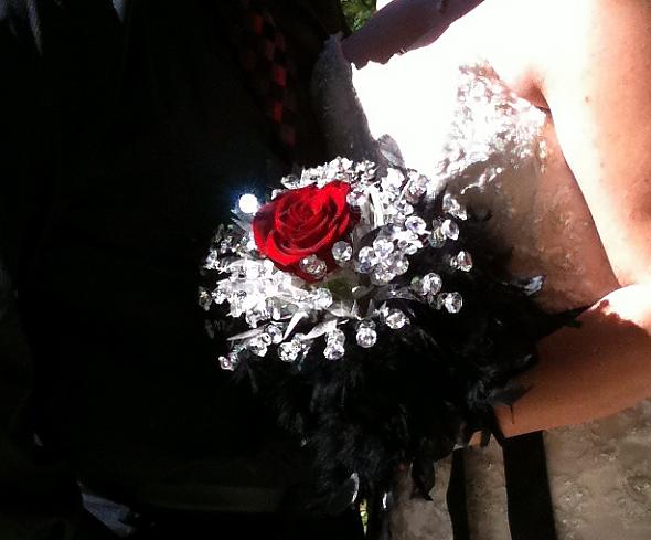 Swarovski Crystal bouquet with feathers and a black magic rose