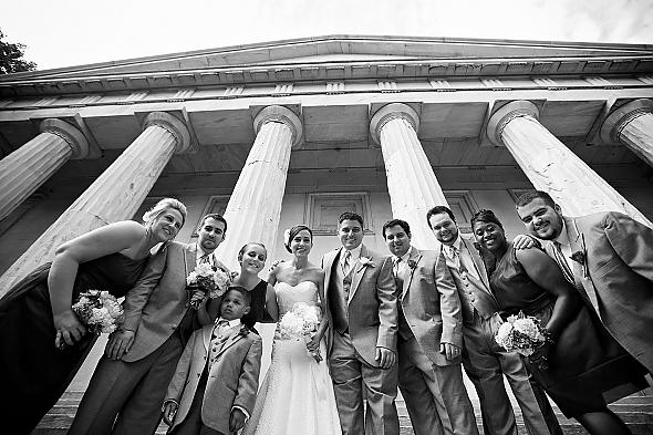 Purple bridesmaid dresses and gray t